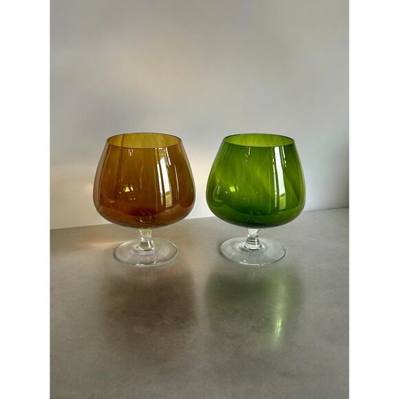 Brandy Snifters Mid Century Modern Oversized-Green / Amber Set of 2-Vintage - Picture 5 of 5
